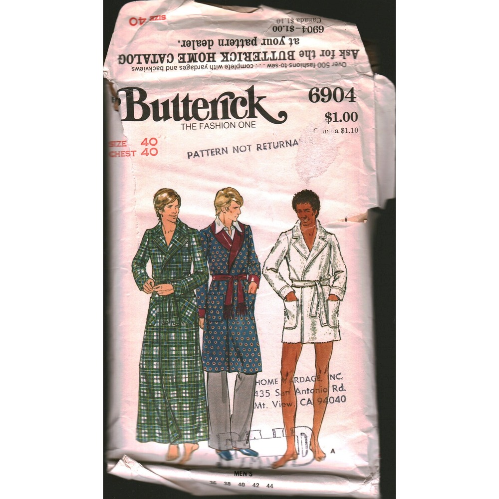 Vintage Butterick 6904 Mens Robe Sewing Pattern Size 40‎ Chest 1970s Loungewear